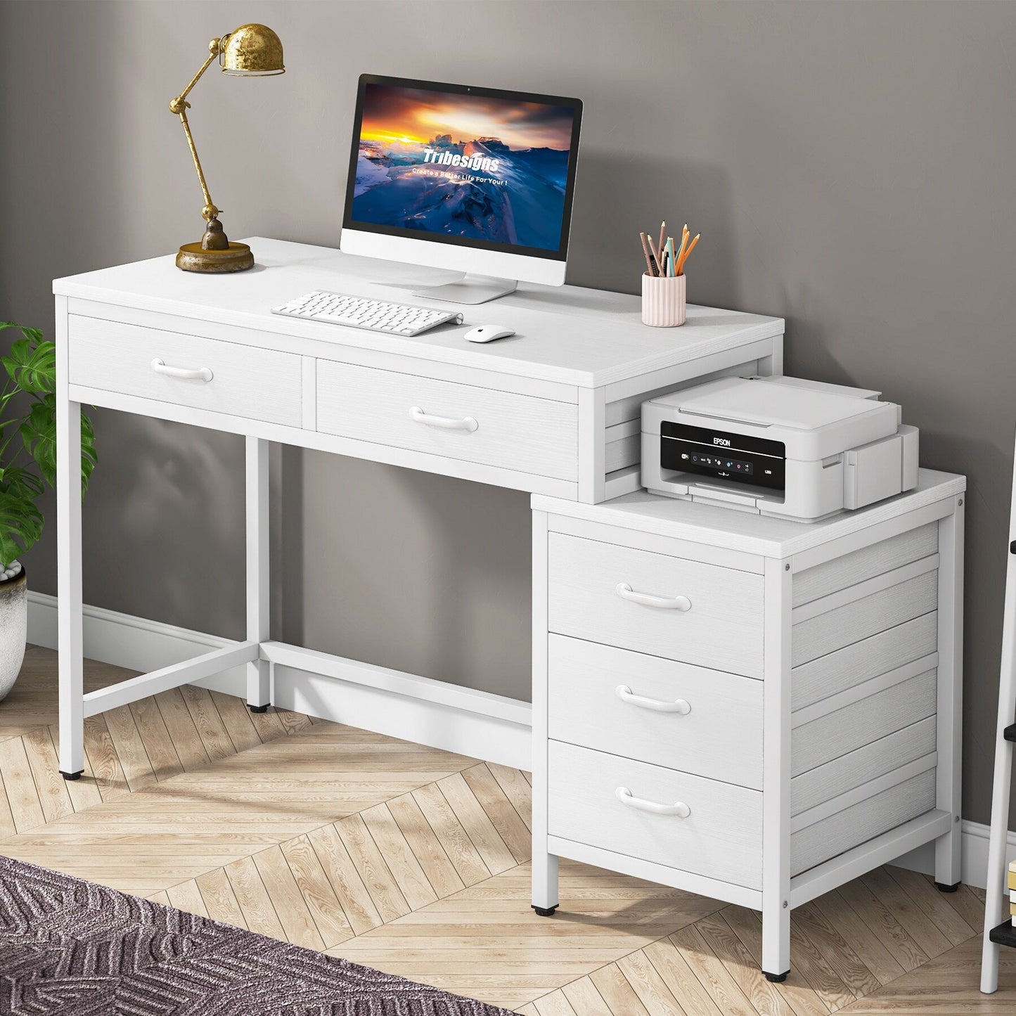 Reversible Computer Desk with 5 Drawers, Home Office Desk with File Cabinet Drawer Printer Stand