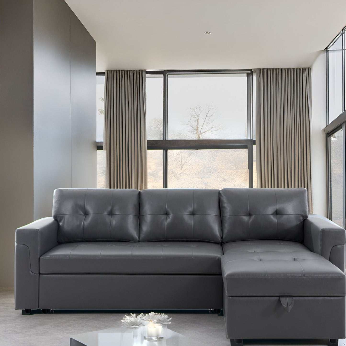 Reversible Sectional Sofa with Pull-Out Sleeper Bed, Hidden Storage Chaise, Durable Legs,