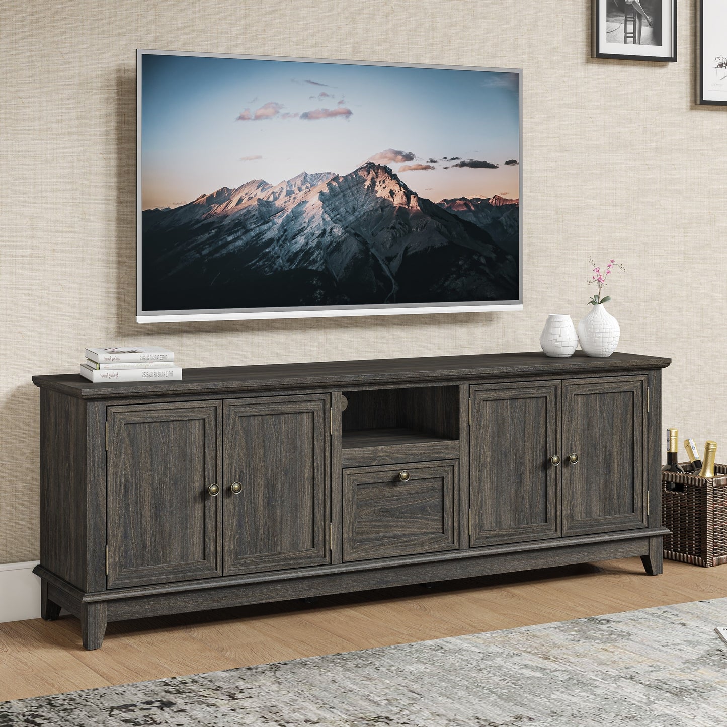 Rustic 72-Inch TV Stand with Adjustable Shelves, Hidden Storage - 72 in Width