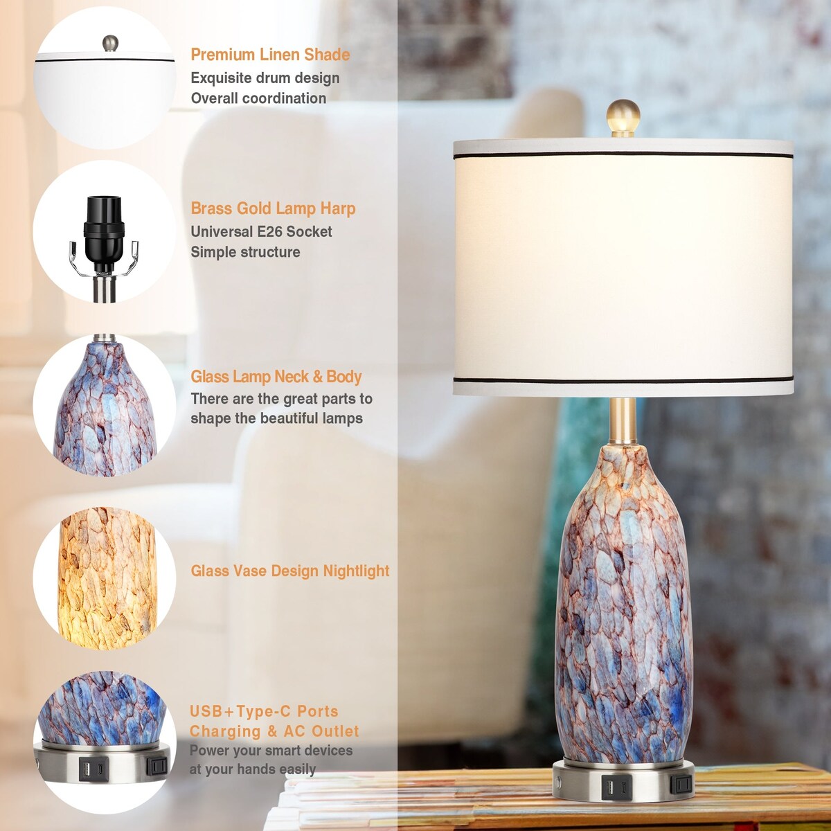 Table Lamp with Nightlight 2in1 Indigo Glass Lamp Body Charging Ports AC Outlet Drum Shade Touch Dimming Switch(Set of 2)