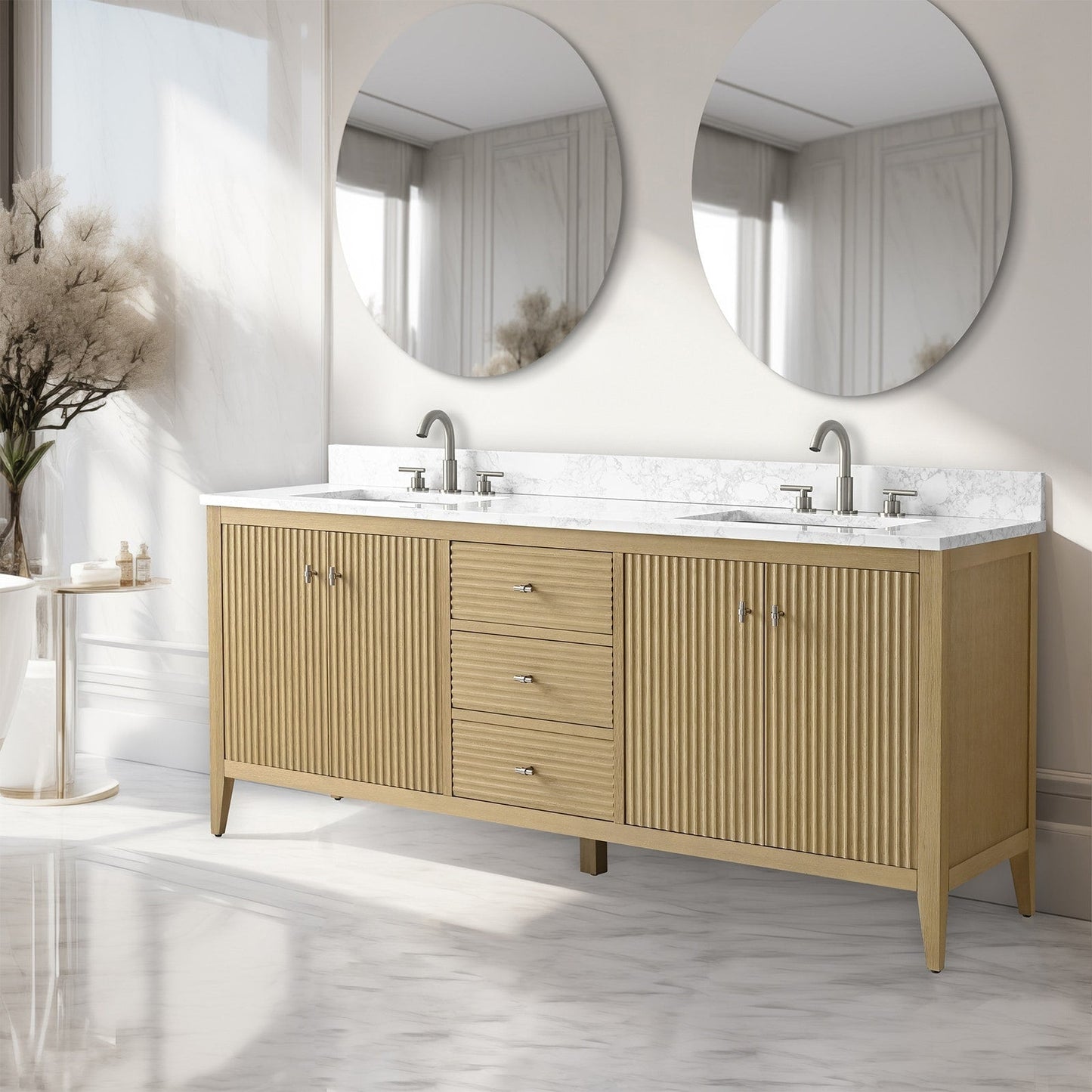 Vanity Art 72 Double Sink Bathroom Vanity Cabinet with Engineered Marble Top