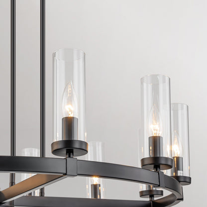 12-Light Mid-Century Modern Cylinder Clear Glass Wagon Wheel Chandelier Gold/Black Large Chandelier