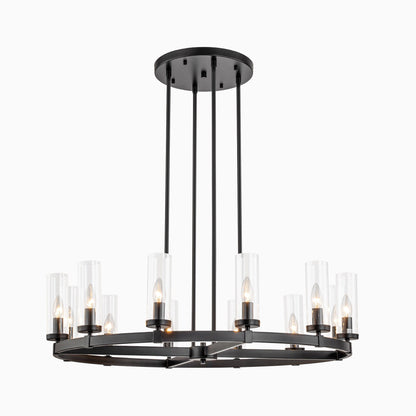 12-Light Mid-Century Modern Cylinder Clear Glass Wagon Wheel Chandelier Gold/Black Large Chandelier