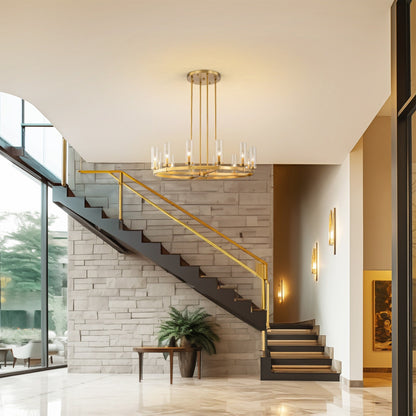 12-Light Mid-Century Modern Cylinder Clear Glass Wagon Wheel Chandelier Gold/Black Large Chandelier