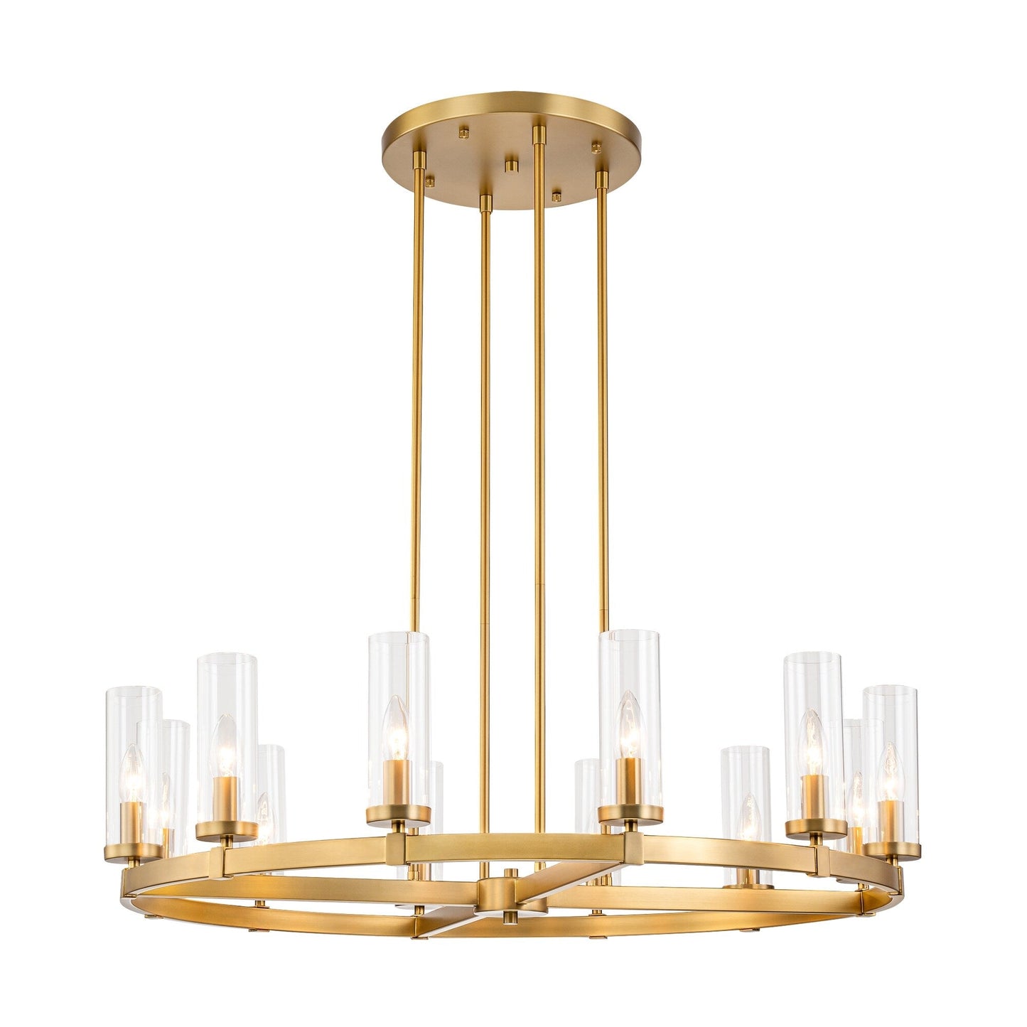 12-Light Mid-Century Modern Cylinder Clear Glass Wagon Wheel Chandelier Gold/Black Large Chandelier