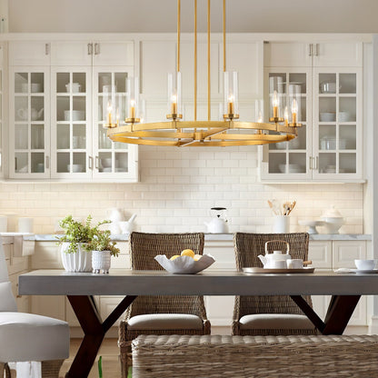 12-Light Mid-Century Modern Cylinder Clear Glass Wagon Wheel Chandelier Gold/Black Large Chandelier