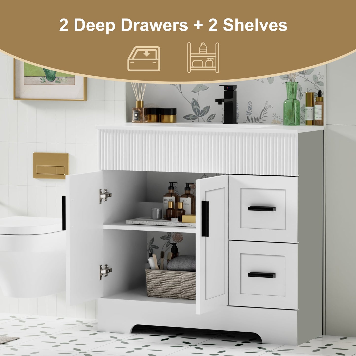 Wavy Line 30/36/48 Bathroom Vanity Set with Sink & Faucet