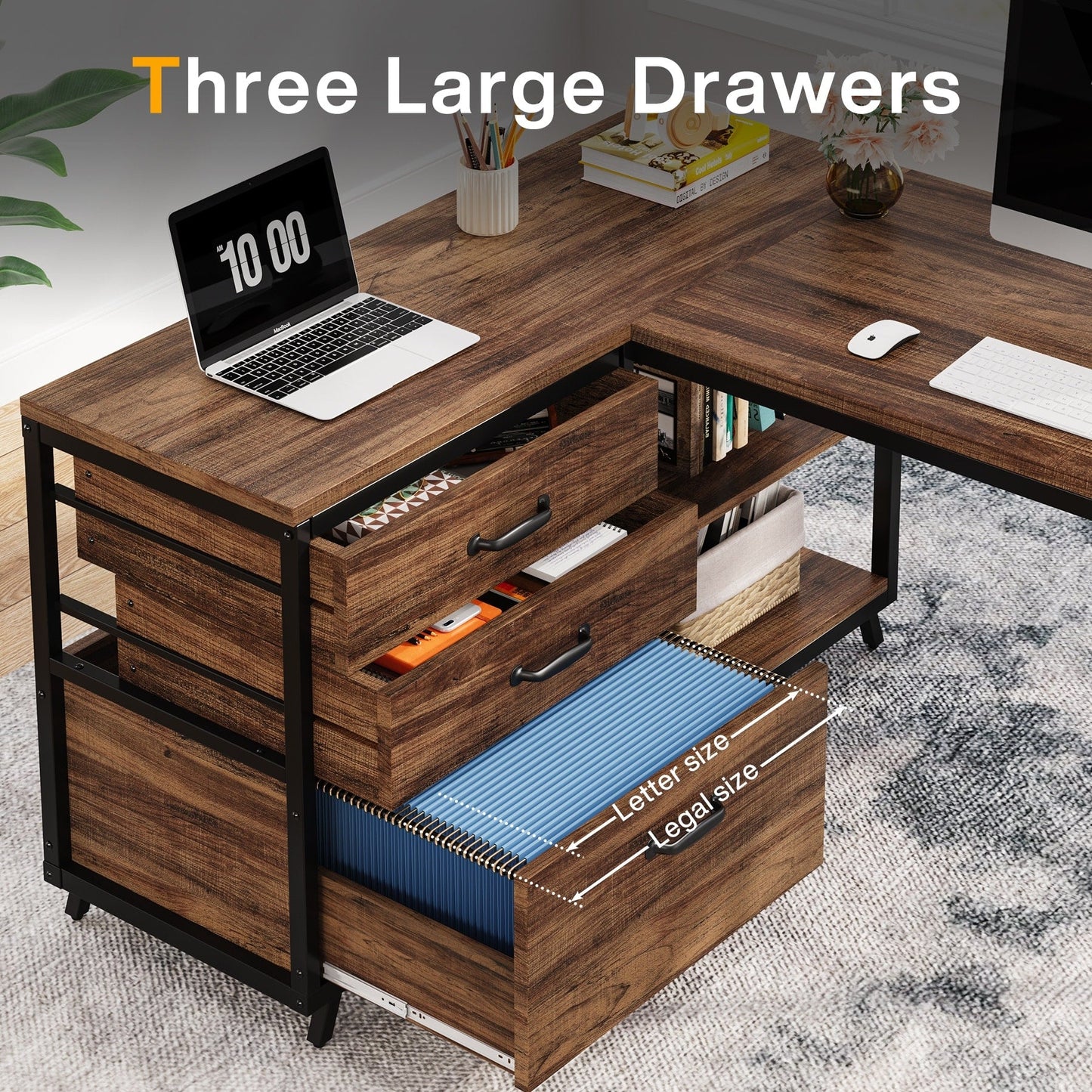 Reversible L Shaped Desk With File Drawers, Corner Computer Desk