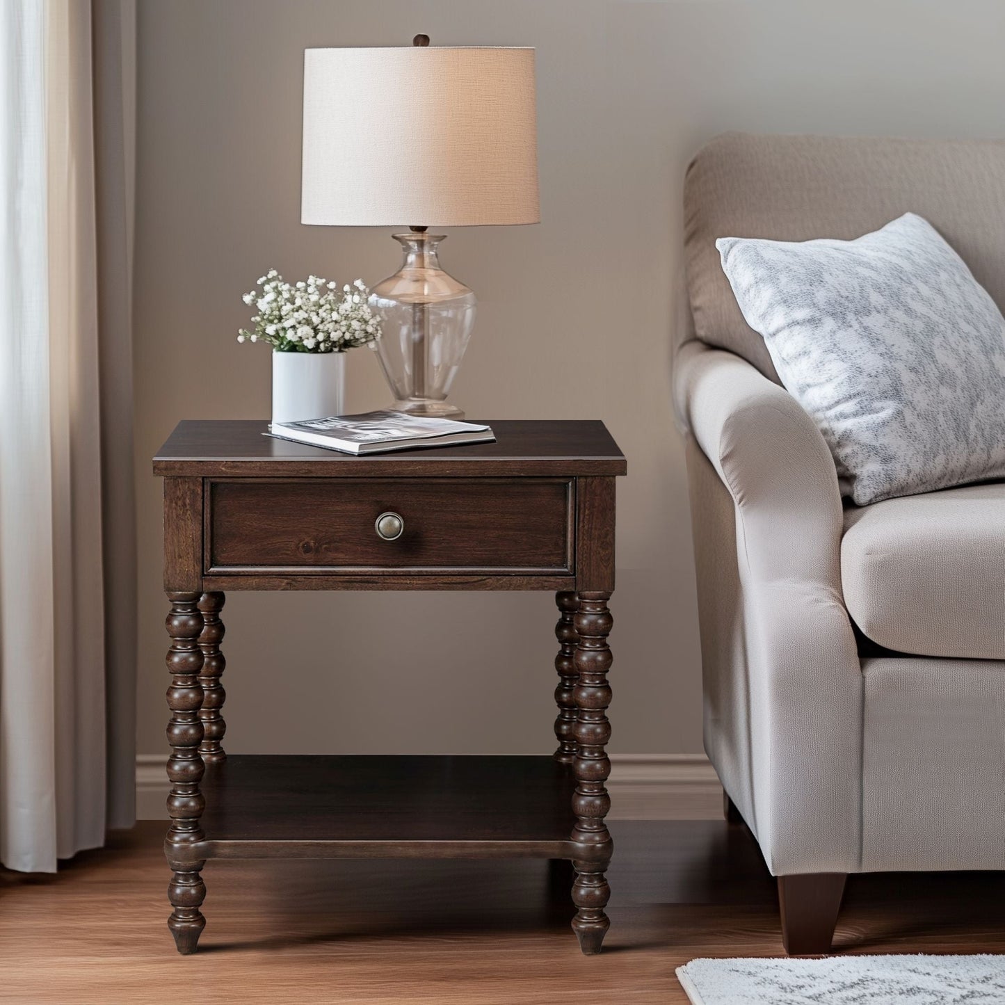 Madison Park Signature Beckett Turned Wood Spindle Nightstand with Drawer & Shelf