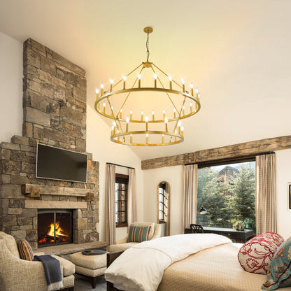 Modern Farmhouse Chandelier 2 Tier Round Wagon Wheel Chandelier Large High Ceiling Light.