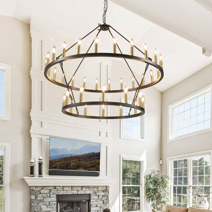 Modern Farmhouse Chandelier 2 Tier Round Wagon Wheel Chandelier Large High Ceiling Light.