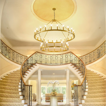 Modern Farmhouse Chandelier 2 Tier Round Wagon Wheel Chandelier Large High Ceiling Light.