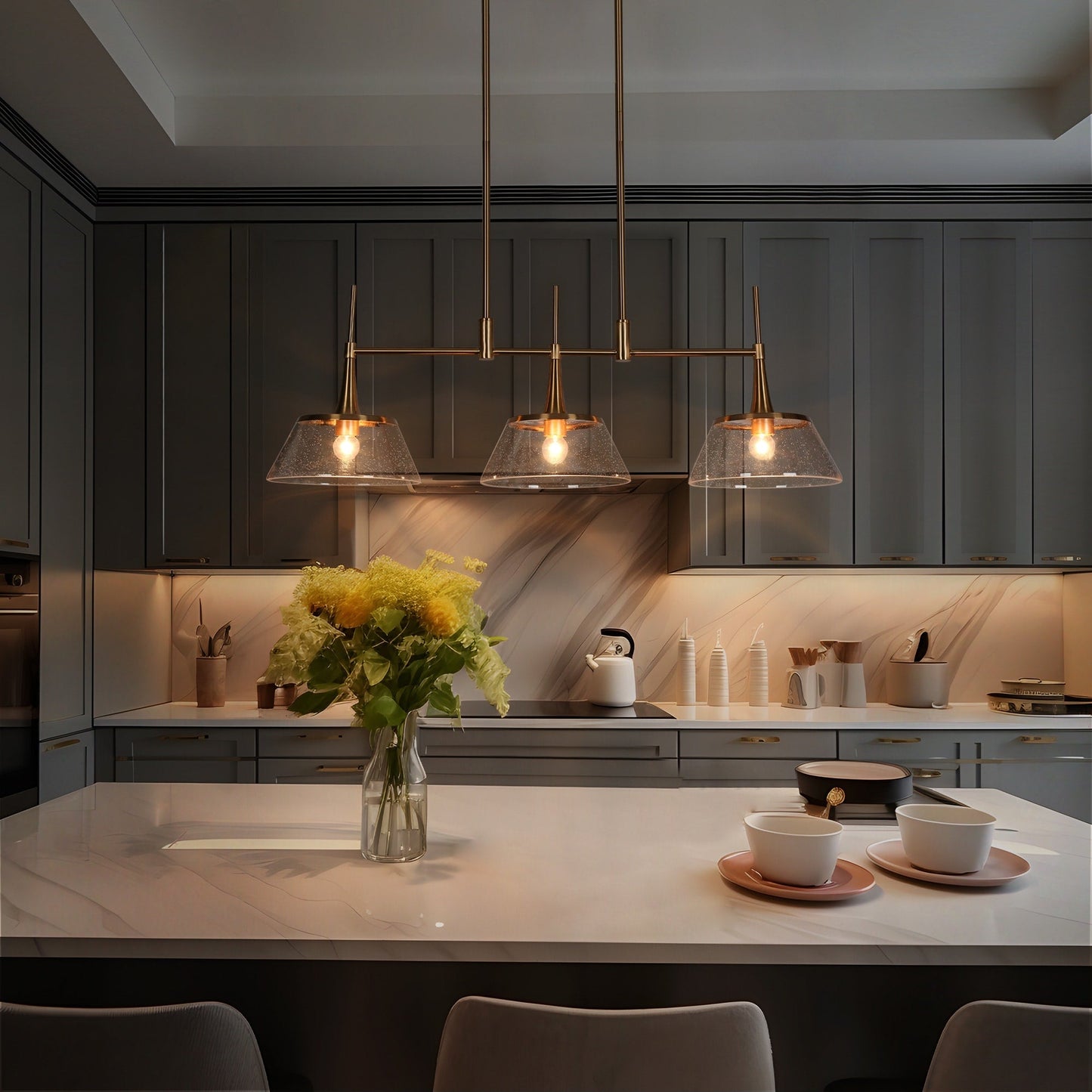 Mola Modern Gold 3-Light Seeded Glass Chandelier Linear Island Pendant Light for Dining Room