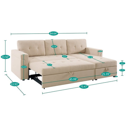 Reversible Sectional Sofa with Pull-Out Sleeper Bed, Hidden Storage Chaise, Durable Legs,