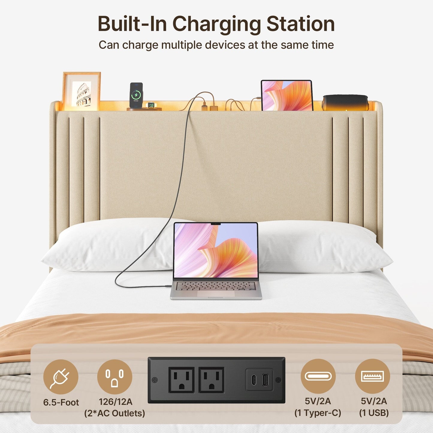 Queen/ Full Vertical Channels Upholstered Bed with Wingback Headboard