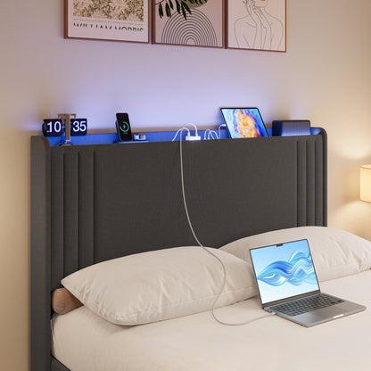 Queen/ Full Vertical Channels Upholstered Bed with Wingback Headboard