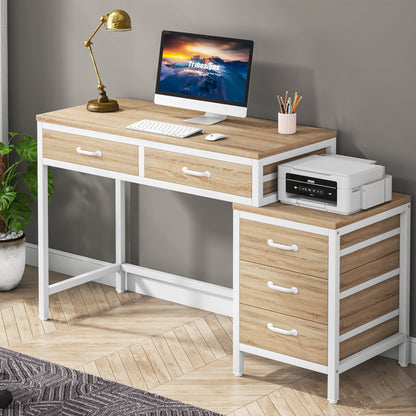 Reversible Computer Desk with 5 Drawers, Home Office Desk with File Cabinet Drawer Printer Stand