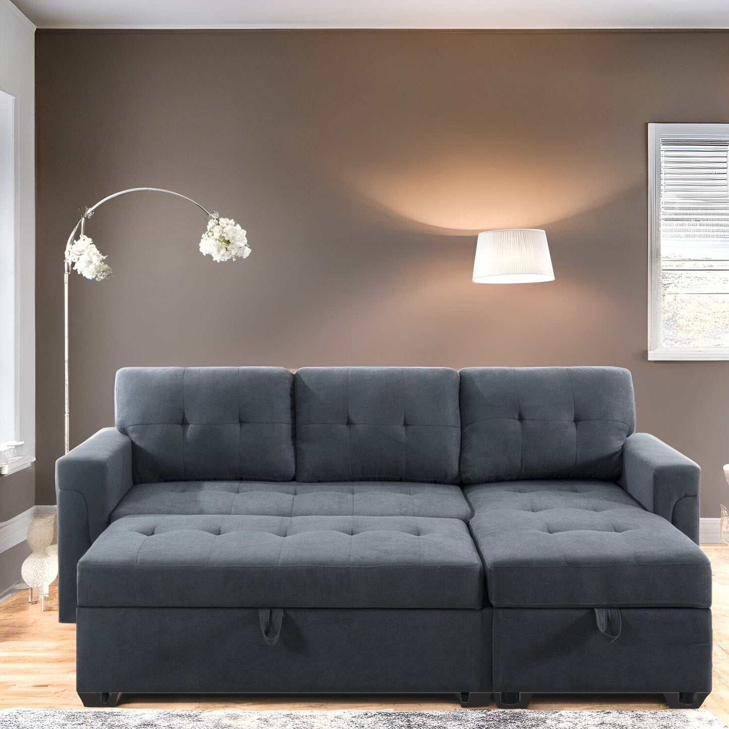 Reversible Sectional Sofa with Pull-Out Sleeper Bed, Hidden Storage Chaise, Durable Legs,