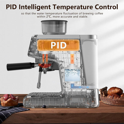 Semi-automatic Coffee Machine with Intelligent Temperature Control and Hot Water Function, 30 Grinding Settings