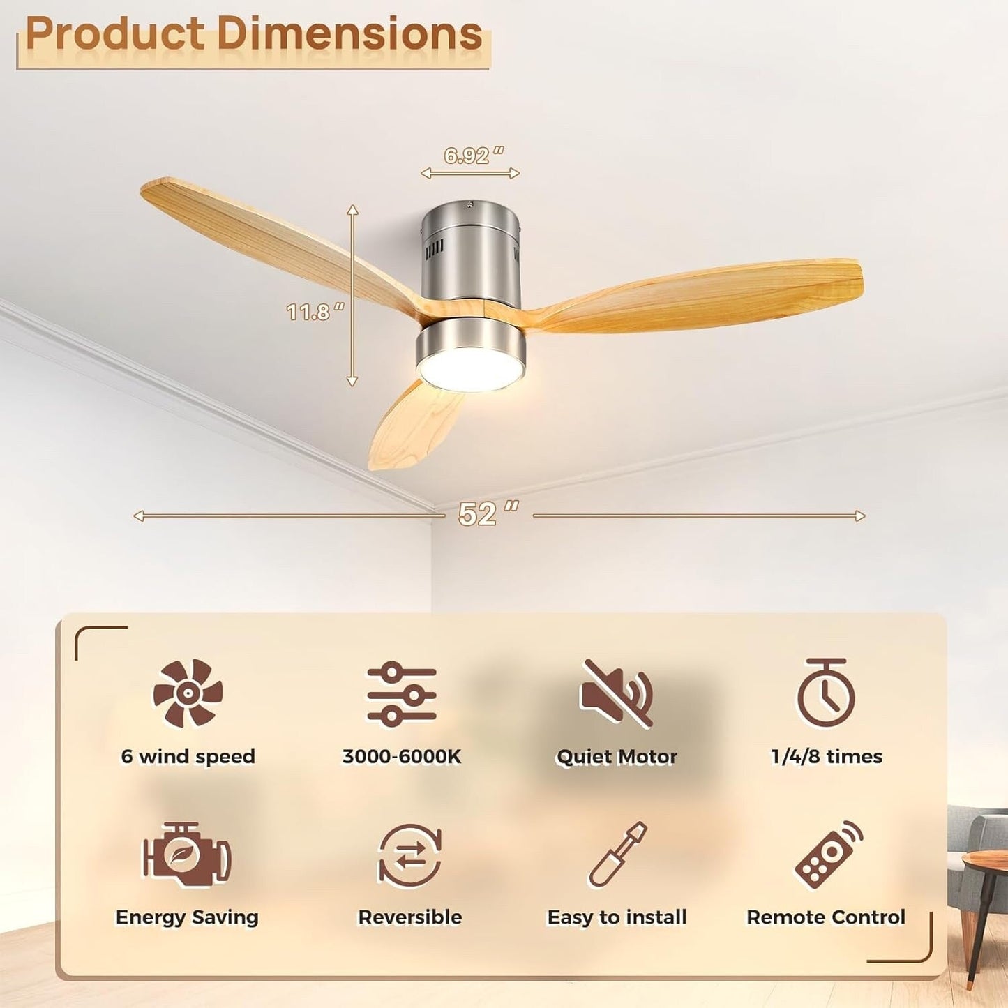 Sofucor 52 Inch Flush Mount Ceiling Fan with Remote, Reversible Motor,Integrated Light Optional