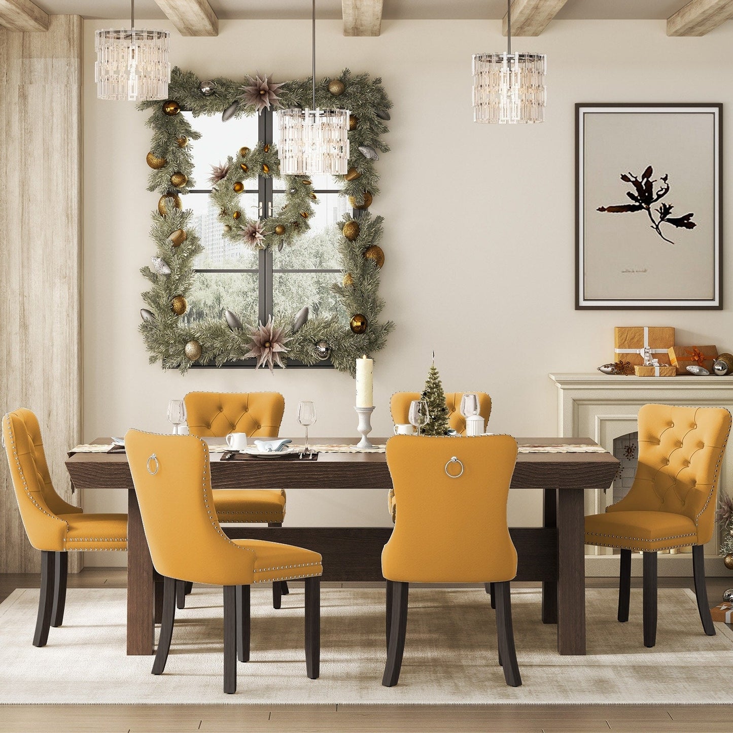 Upholstered Tufted Velvet Dining Chair with Solid Wood Legs Set of 6