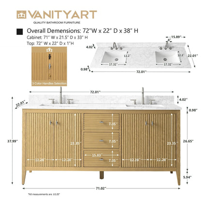 Vanity Art 72 Double Sink Bathroom Vanity Cabinet with Engineered Marble Top