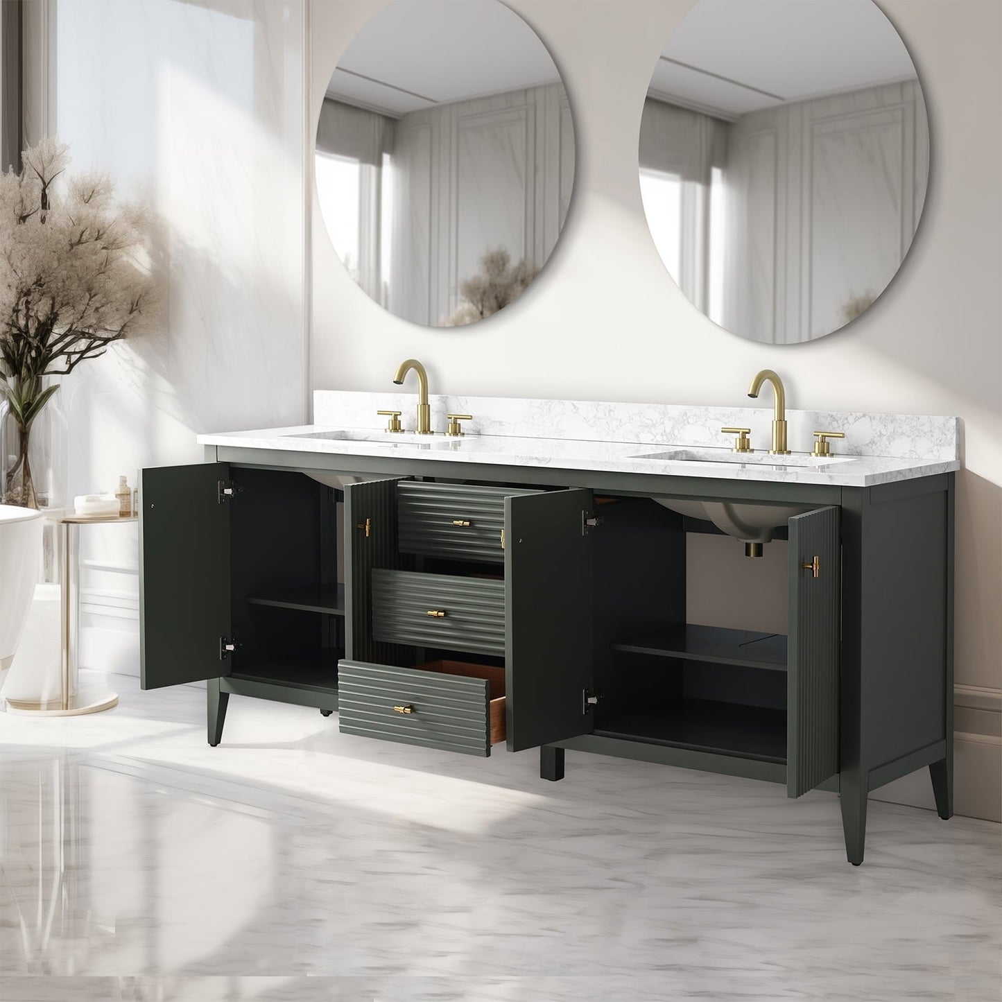 Vanity Art 72 Double Sink Bathroom Vanity Cabinet with Engineered Marble Top