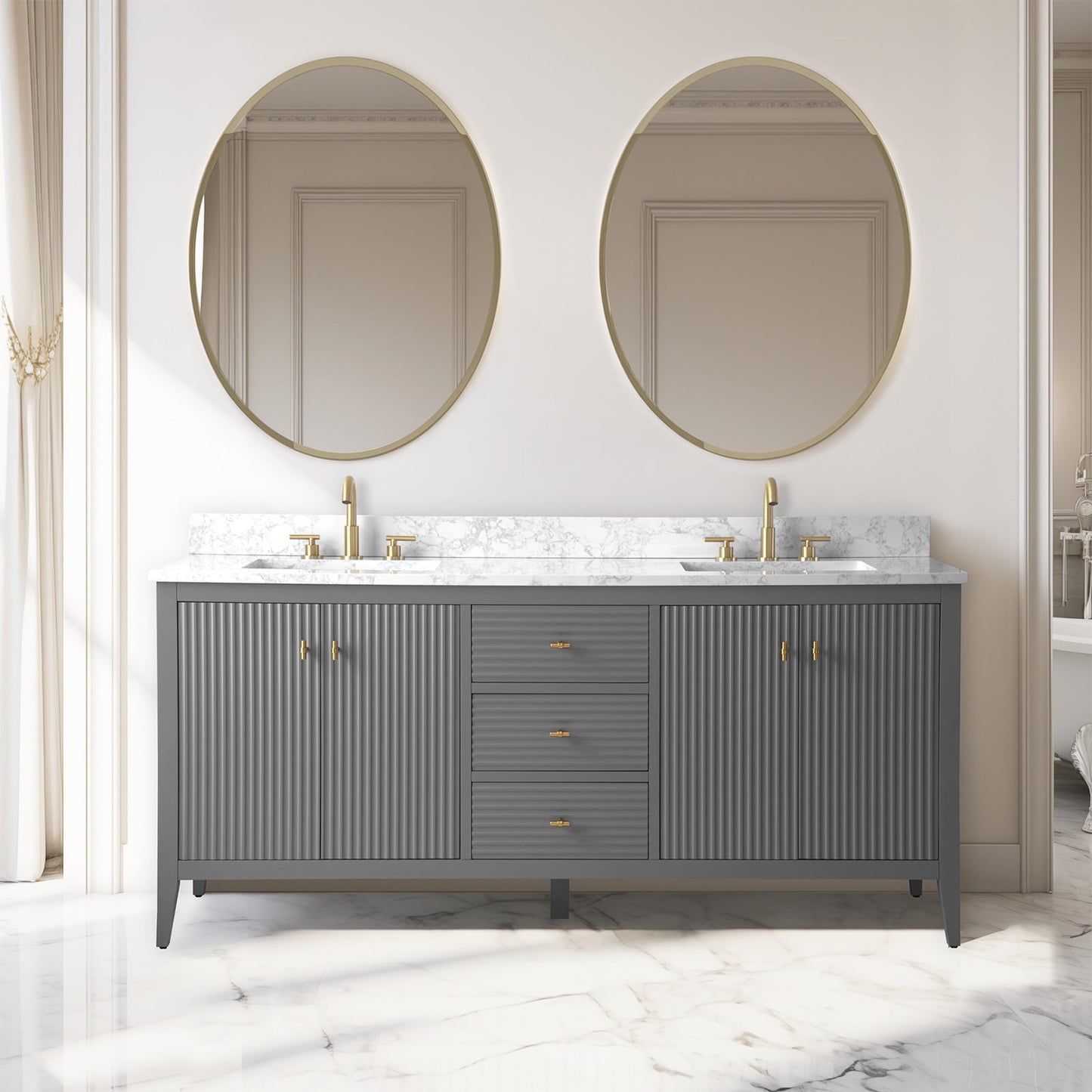 Vanity Art 72 Double Sink Bathroom Vanity Cabinet with Engineered Marble Top